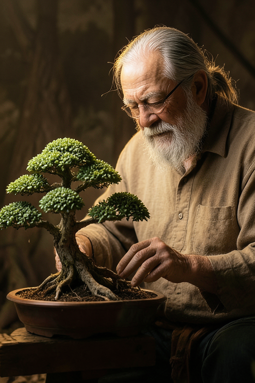 A portrait of a wise old bonsai gardener tending a miniature tree