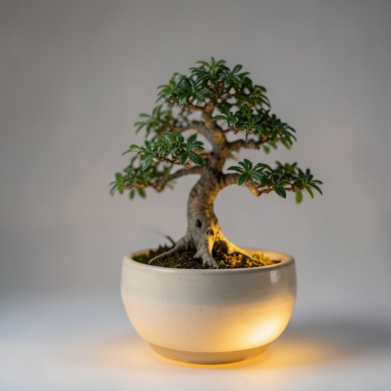 A tiny bonsai tree in a glowing ceramic pot, studio lighting