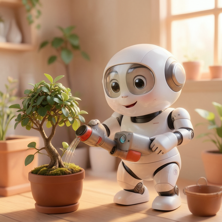 A cute friendly robot watering a small bonsai, Pixar-style render