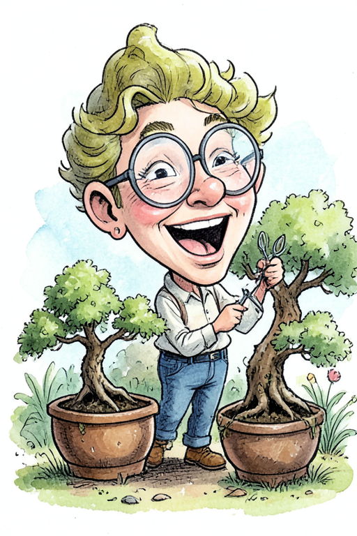 Caricature: a cheerful gardener with huge round glasses holding tiny scissors