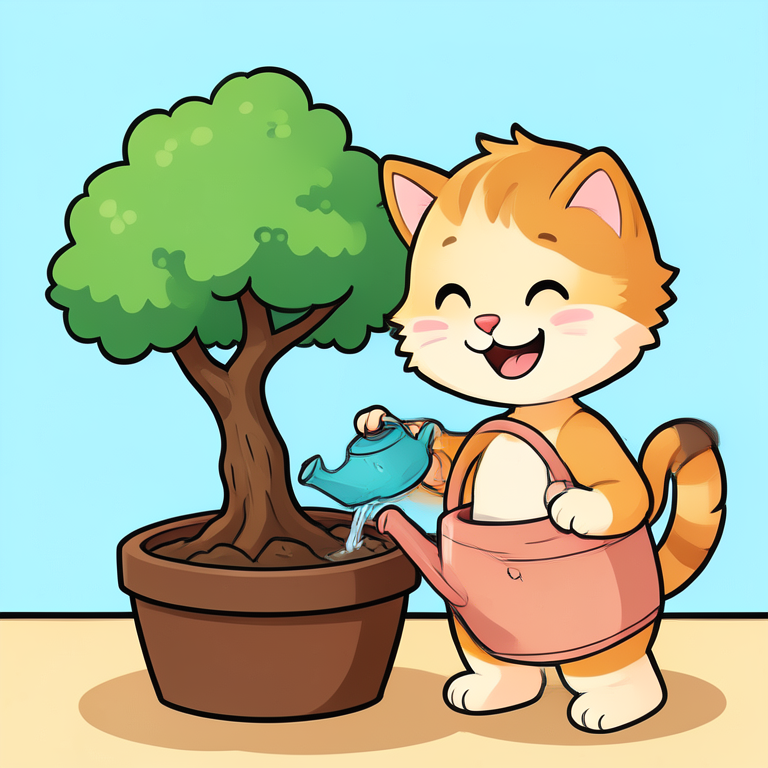 Cartoon style: a happy little cat watering a bonsai with a tiny watering can