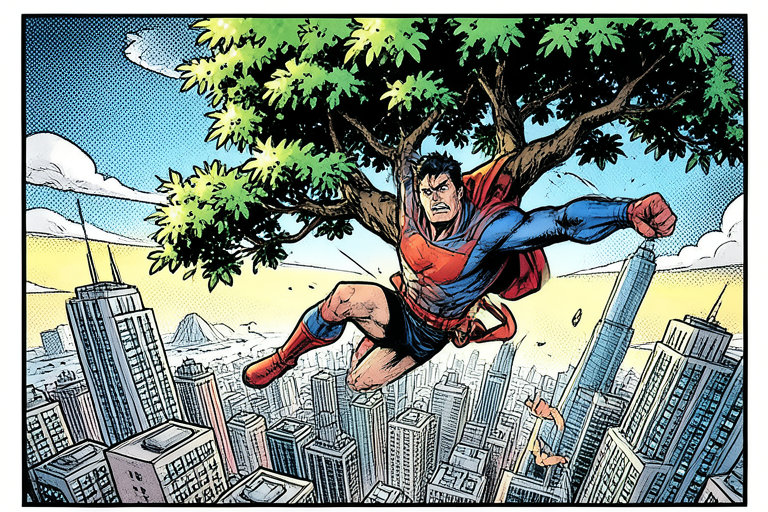 Comic-book style: a superhero bonsai tree flying over a city skyline