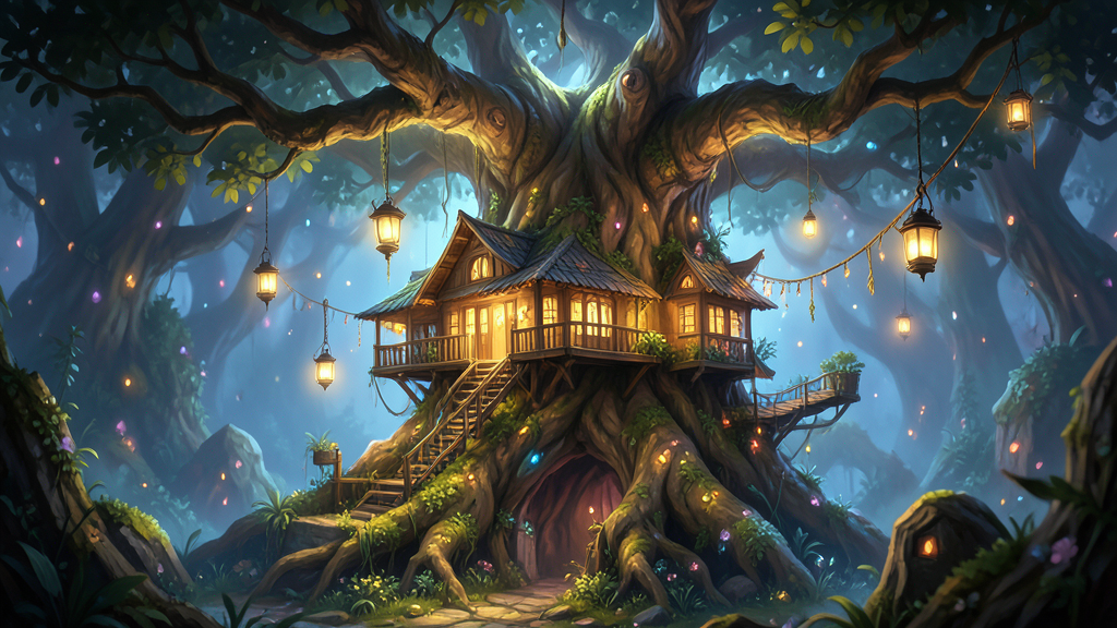 Digital illustration: a magical treehouse built inside a giant glowing bonsai