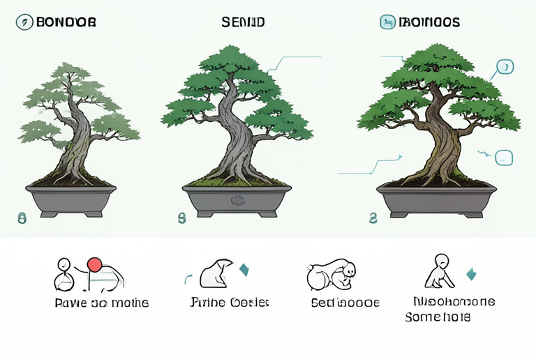 Infographic style: the four stages of growing a bonsai tree with icons and steps