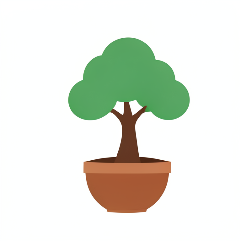 Minimalist flat vector: a single bonsai tree in a round pot, limited palette