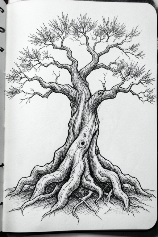Pencil sketch: an old gnarled bonsai tree with twisting roots, cross-hatching