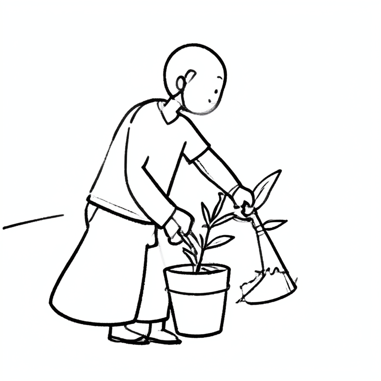 Stick-figure doodle: a person watering a small potted plant on white background
