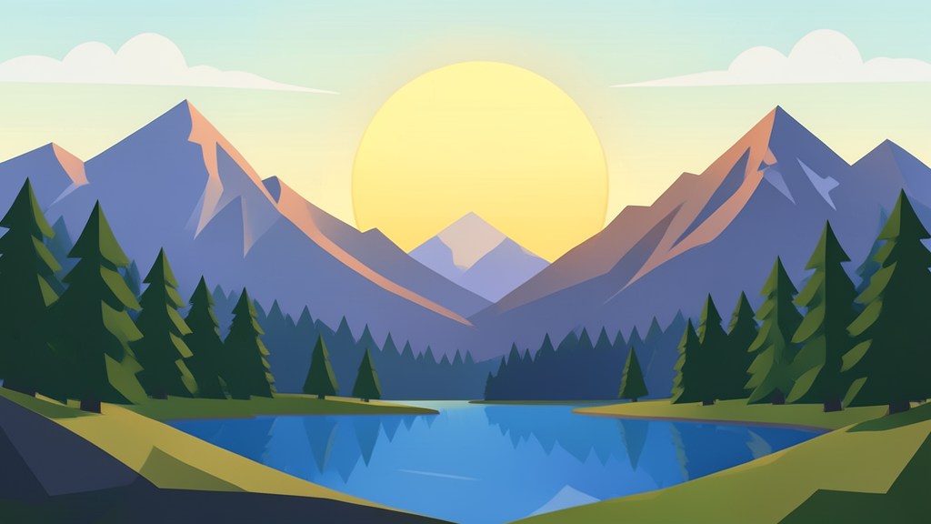 Flat 2D vector art: a mountain landscape with a rising sun, lake and pine trees