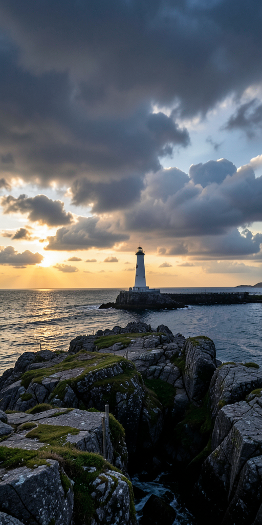 A lone lighthouse on a rocky cliff at dawn, dramatic clouds