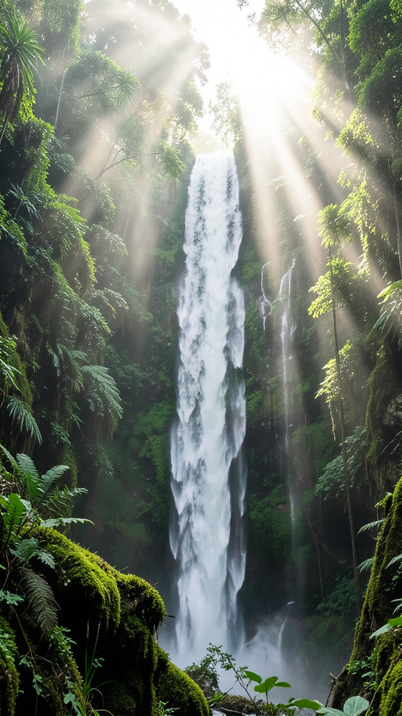 A tall waterfall cascading through a lush mossy rainforest
