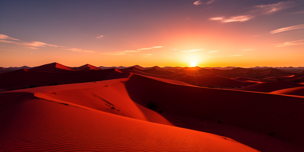 A panoramic view of red desert sand dunes at sunset