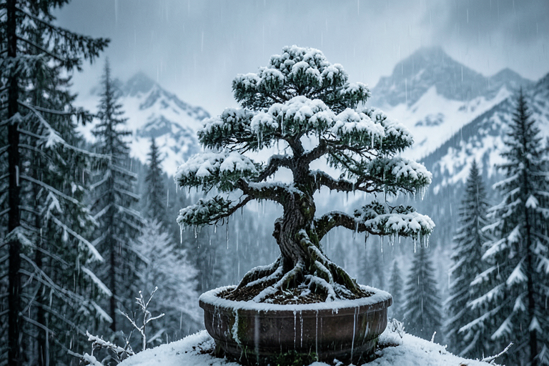 An icy bonsai tree in a rainy pine forest with snowy mountains