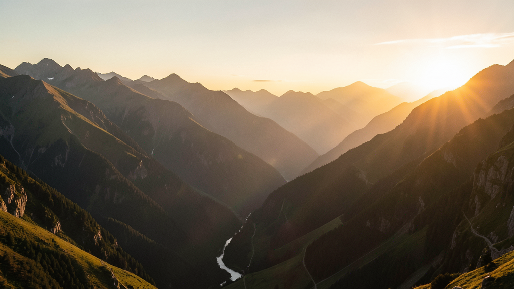 A cinematic mountain valley at golden hour, layered ridgelines