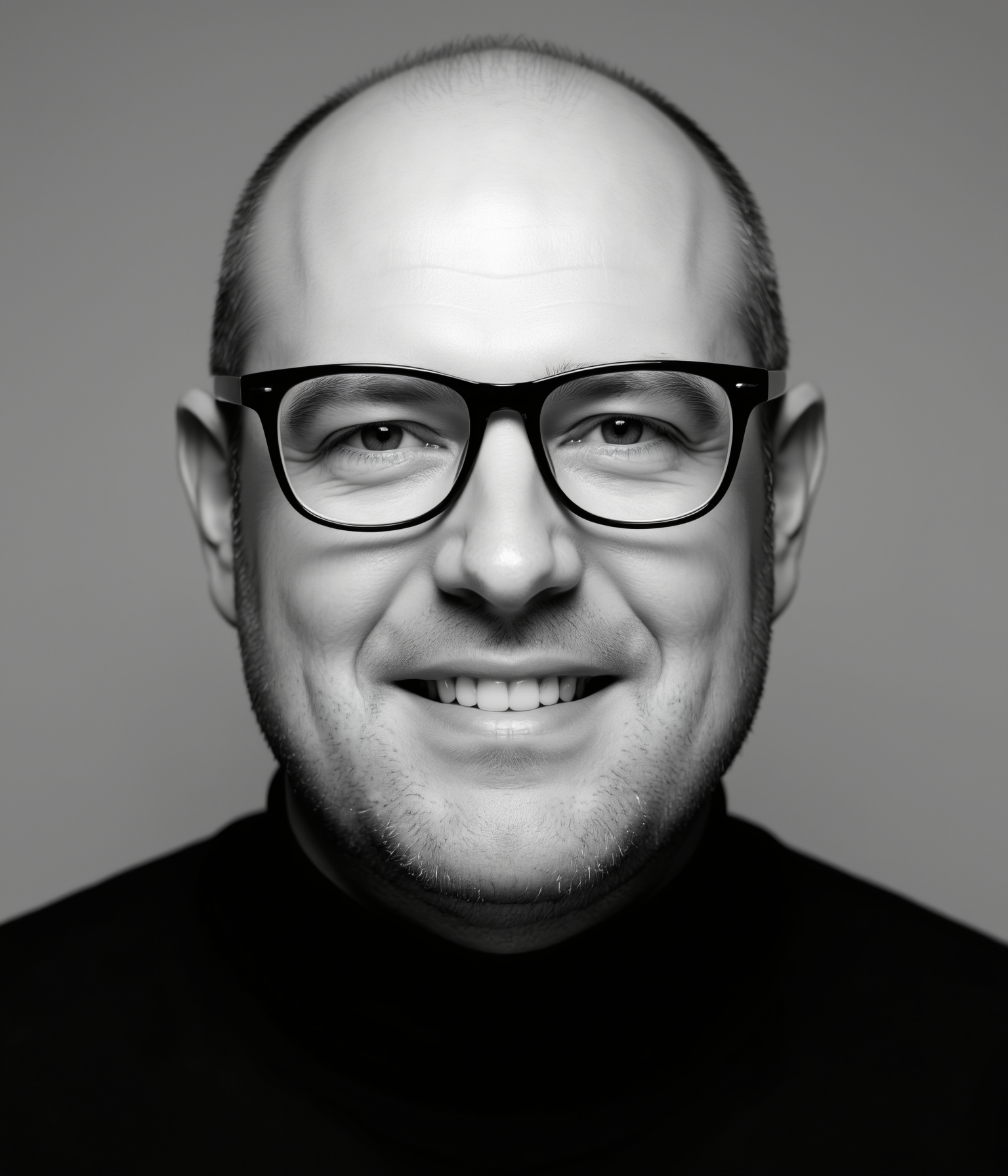 The man with black-framed eyeglasses added naturally, still black and white
