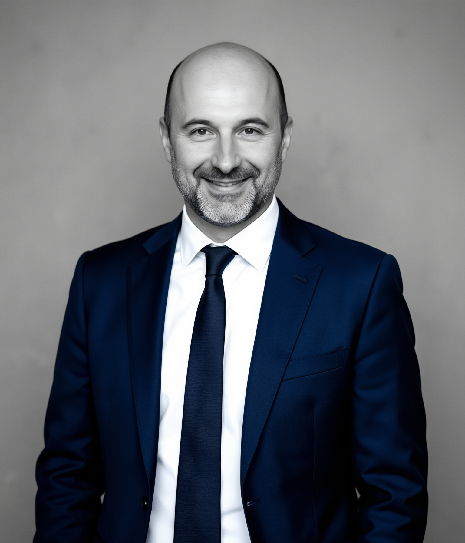 The man now wearing a navy business suit, white shirt and tie