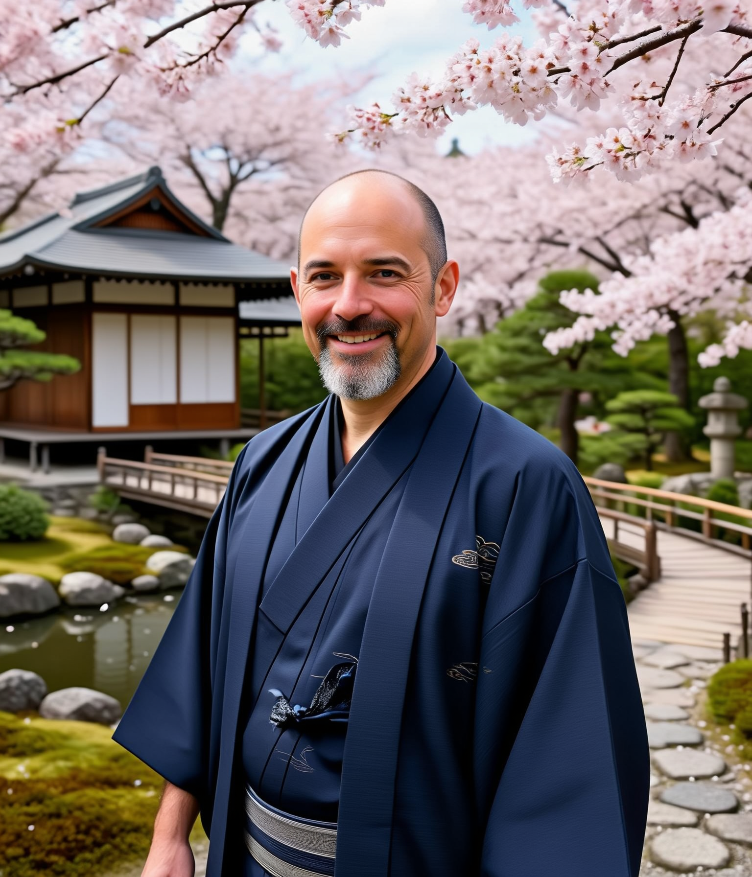 The man, full body, in a dark-indigo kimono standing in a Kyoto cherry-blossom garden