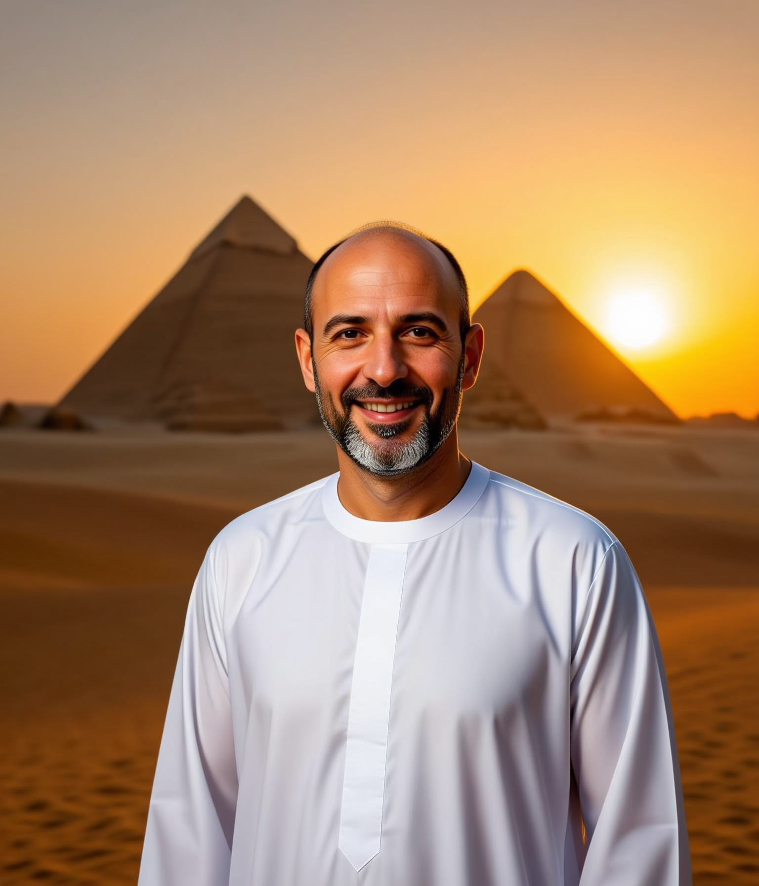 The man in a white galabeya standing before the pyramids of Giza at sunset