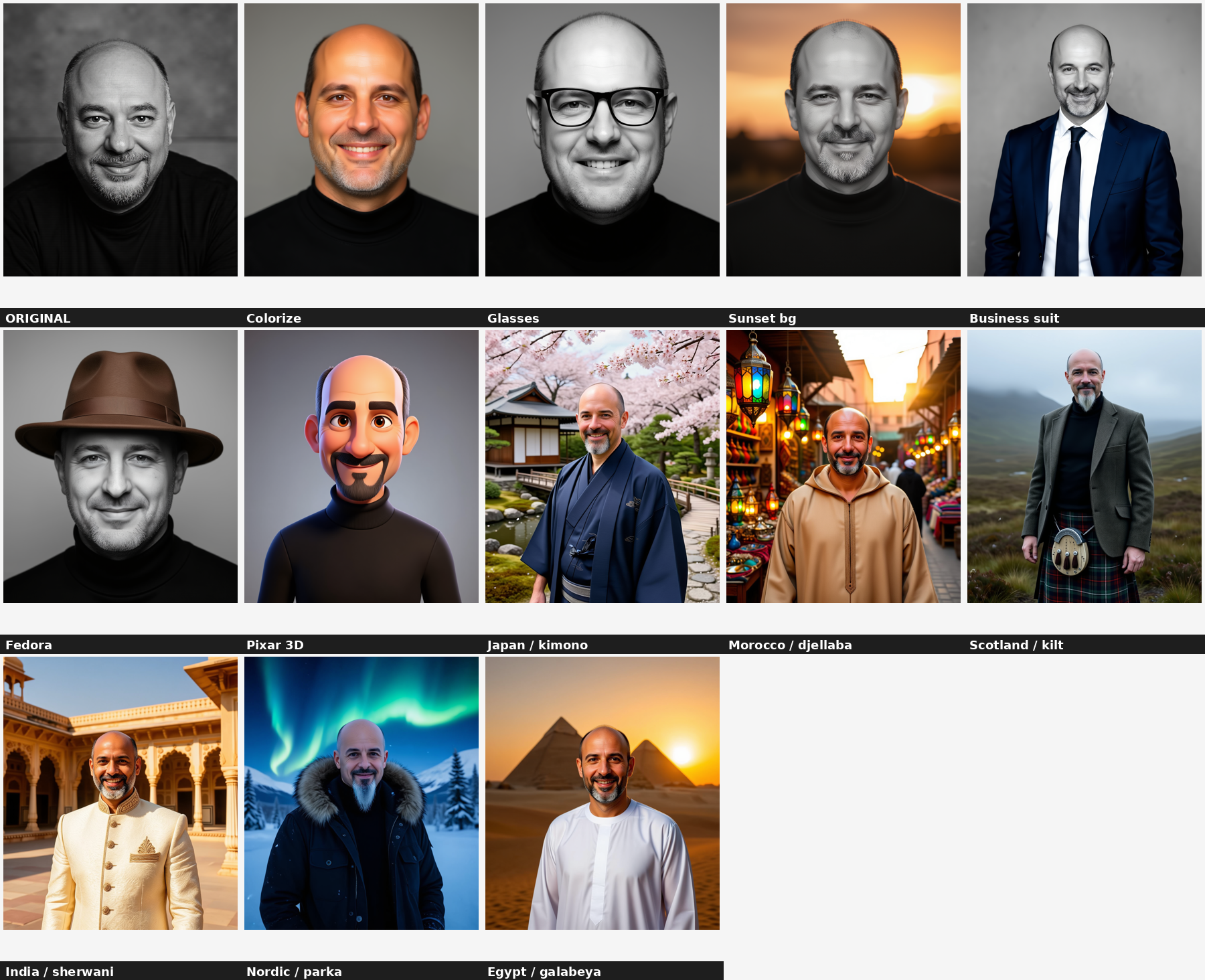 Contact sheet: the original B&W portrait plus twelve edits — colorize, glasses, sunset, suit, fedora, Pixar, kimono, djellaba, kilt, sherwani, parka, galabeya