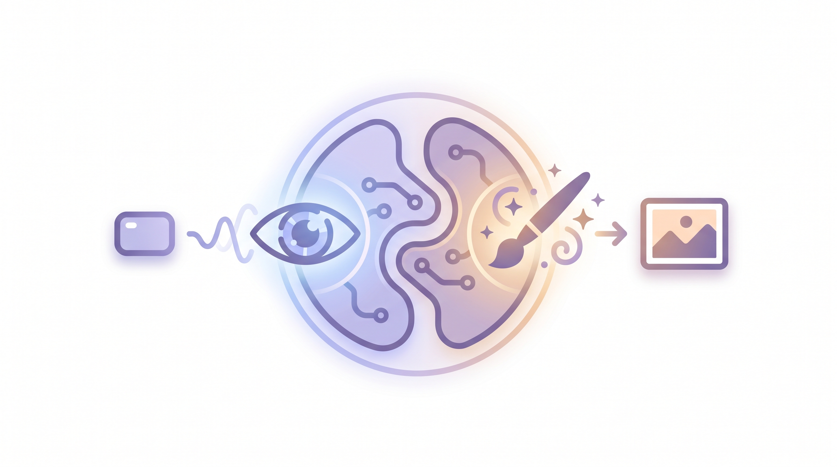 Conceptual illustration of Boogu-Image: one engine that both perceives (an eye) and paints (a brush), turning an input into a generated picture