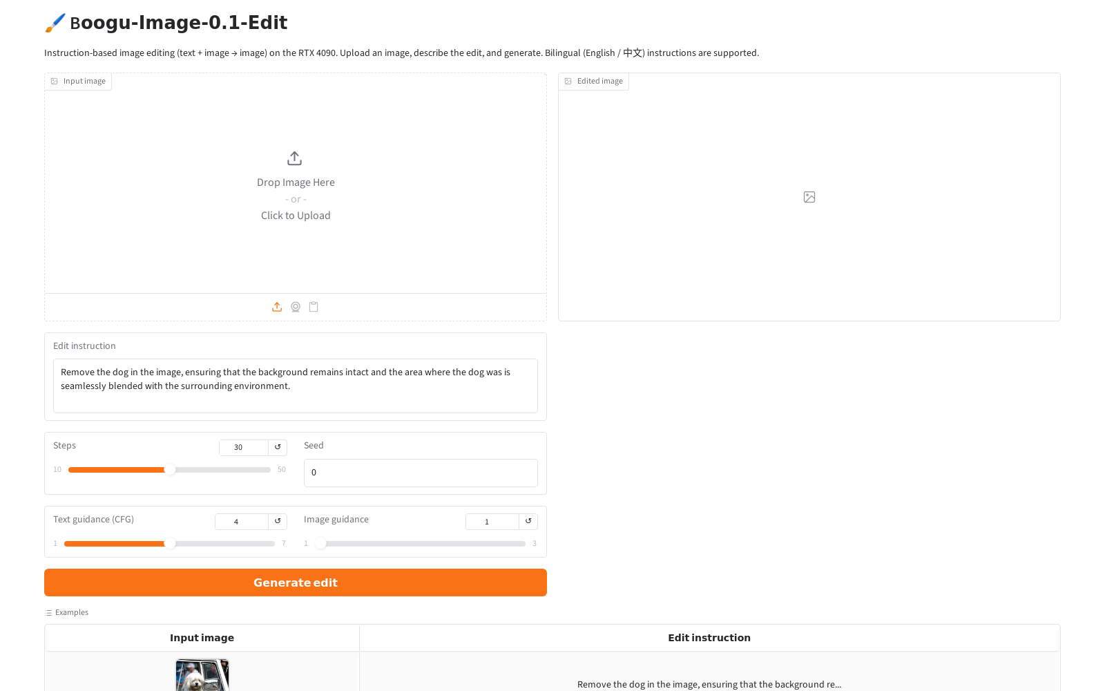 Gradio demo UI with an input image panel, instruction box, sliders and a Generate button