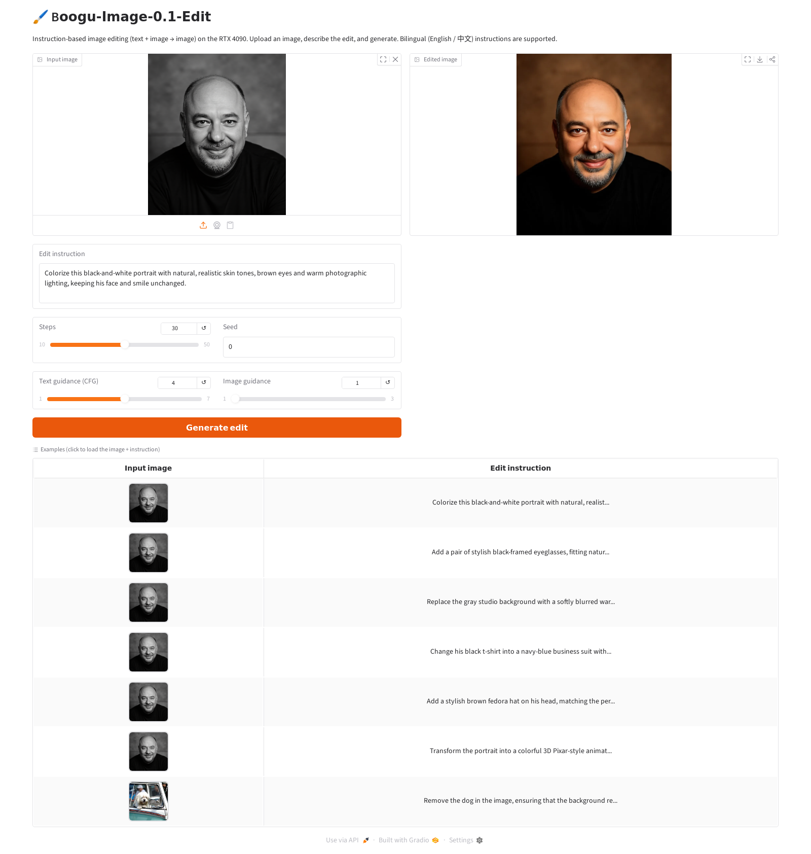The demo showing an input portrait on the left and a colorized edited version on the right