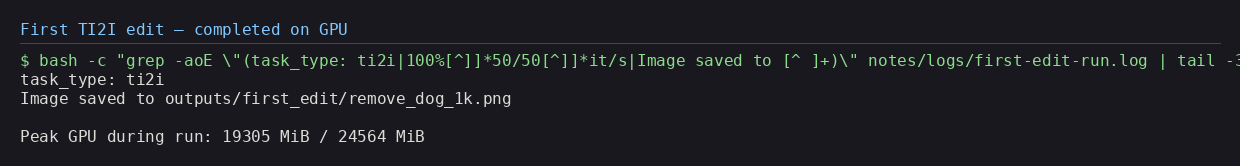 Terminal showing the first image-edit run completing on the GPU