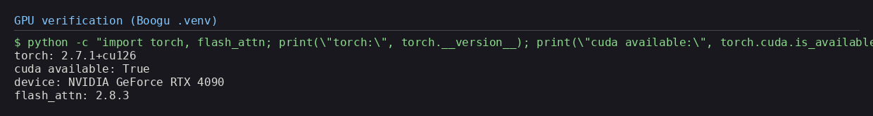 Terminal showing torch 2.7.1+cu126, CUDA available True, RTX 4090, flash_attn 2.8.3