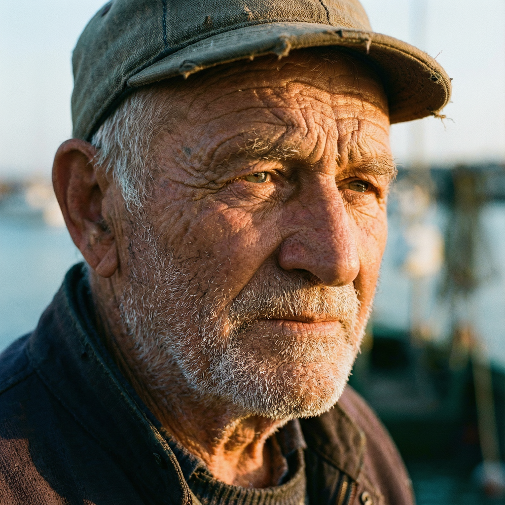 Photorealistic close-up of an elderly fisherman in golden-hour light with a harbor bokeh background
