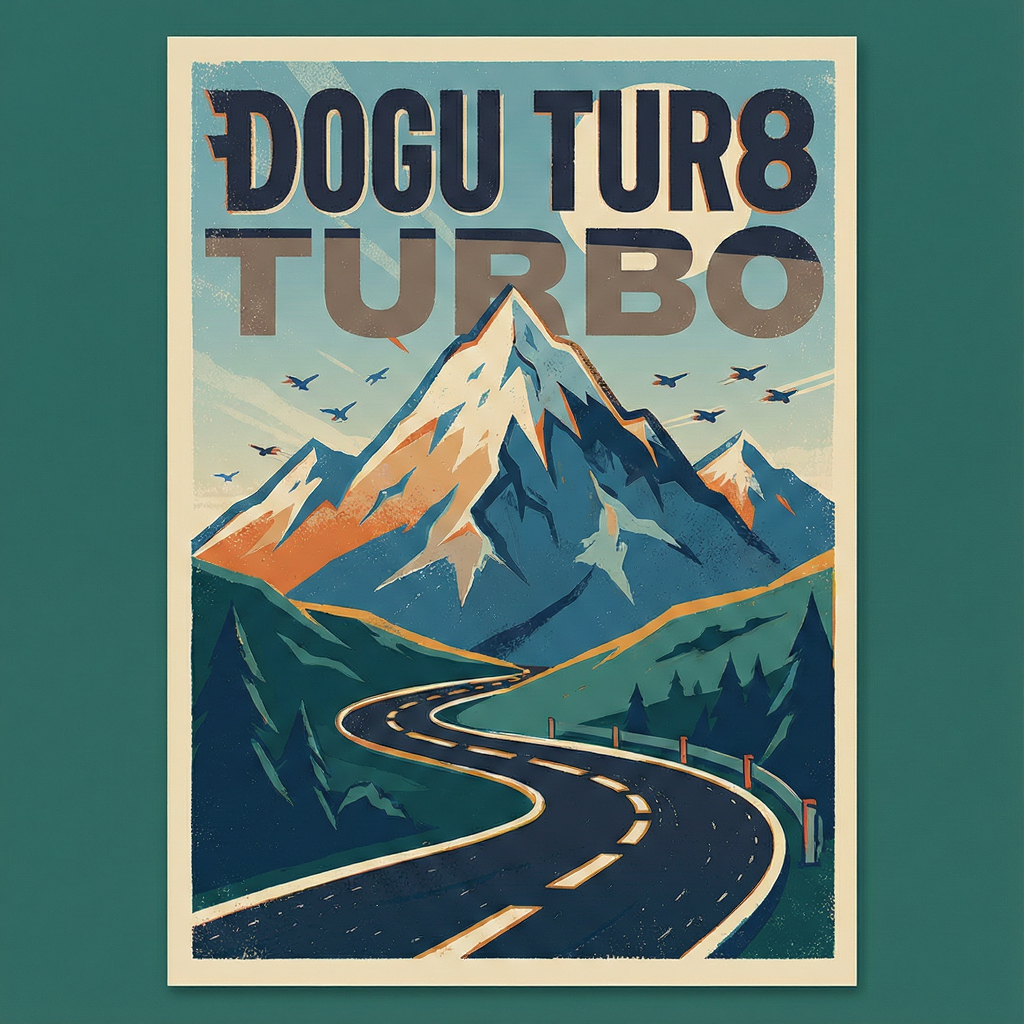 A retro travel poster with a mountain and road; the word TURBO is legible, the other word is garbled