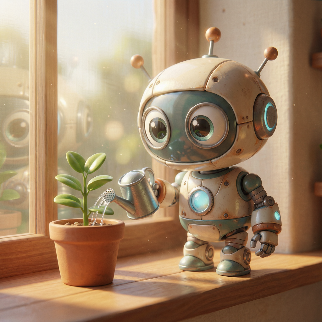 A cute 3D Pixar-style robot watering a potted plant on a sunny windowsill