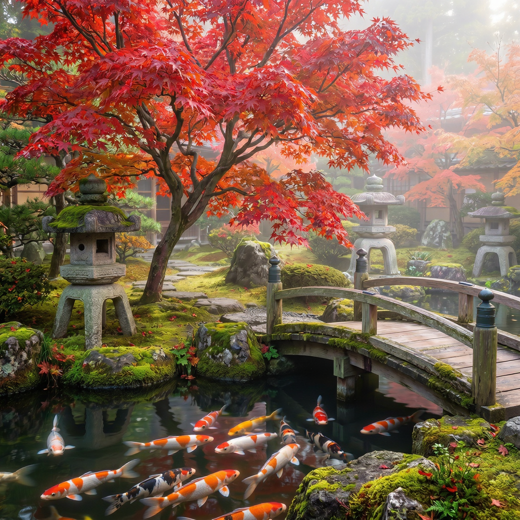An autumn Japanese garden with a red maple, koi pond, stone lantern and wooden bridge in soft mist