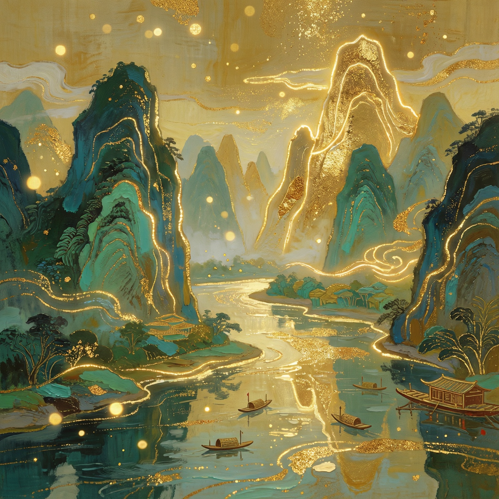 A gilded Chinese shan-shui landscape with glowing gold mountain outlines and mineral-green pigments