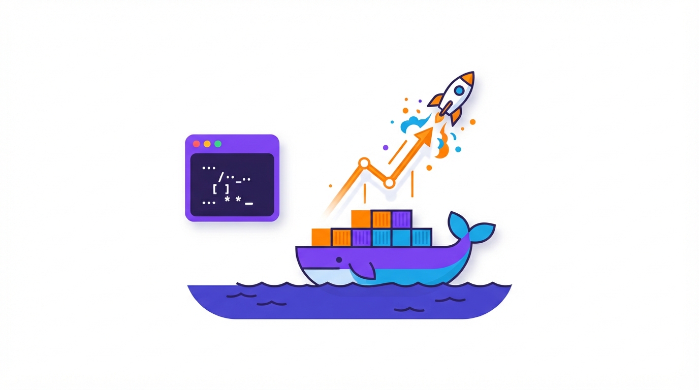 A container ship carrying boxes with a graph blooming out of a terminal window, illustrating a one-command launch