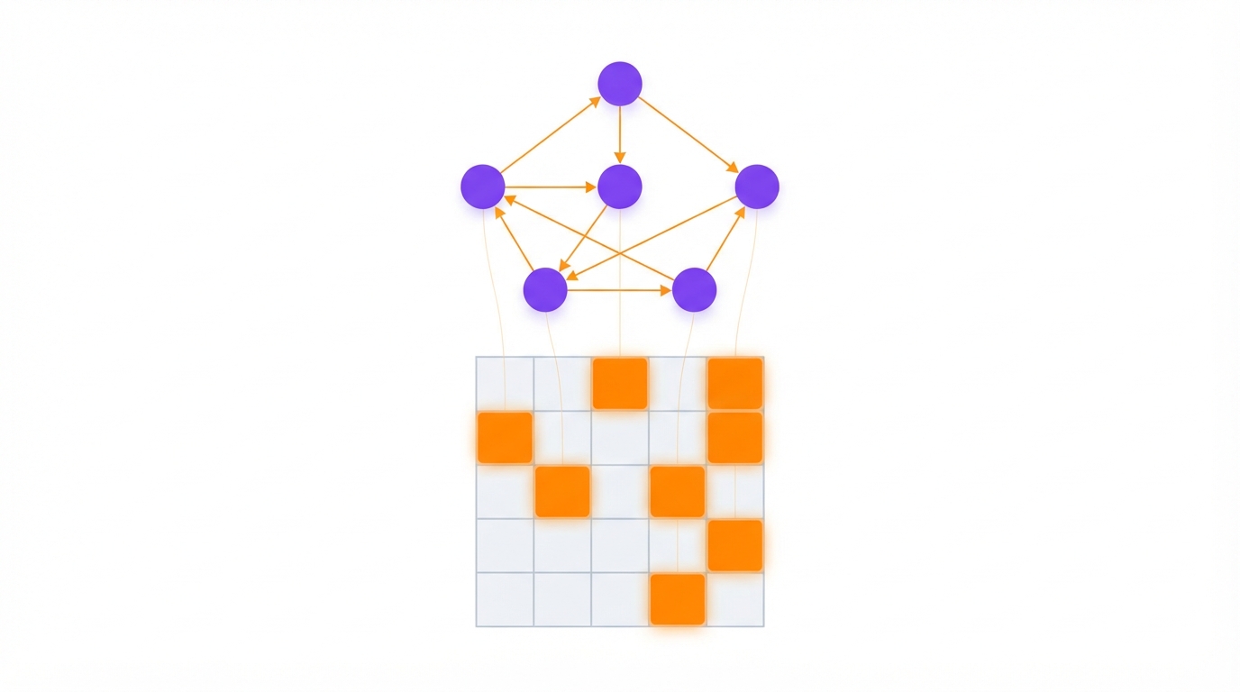 A small five-node directed graph above, and below it the matching square adjacency matrix with the corresponding cells filled in orange
