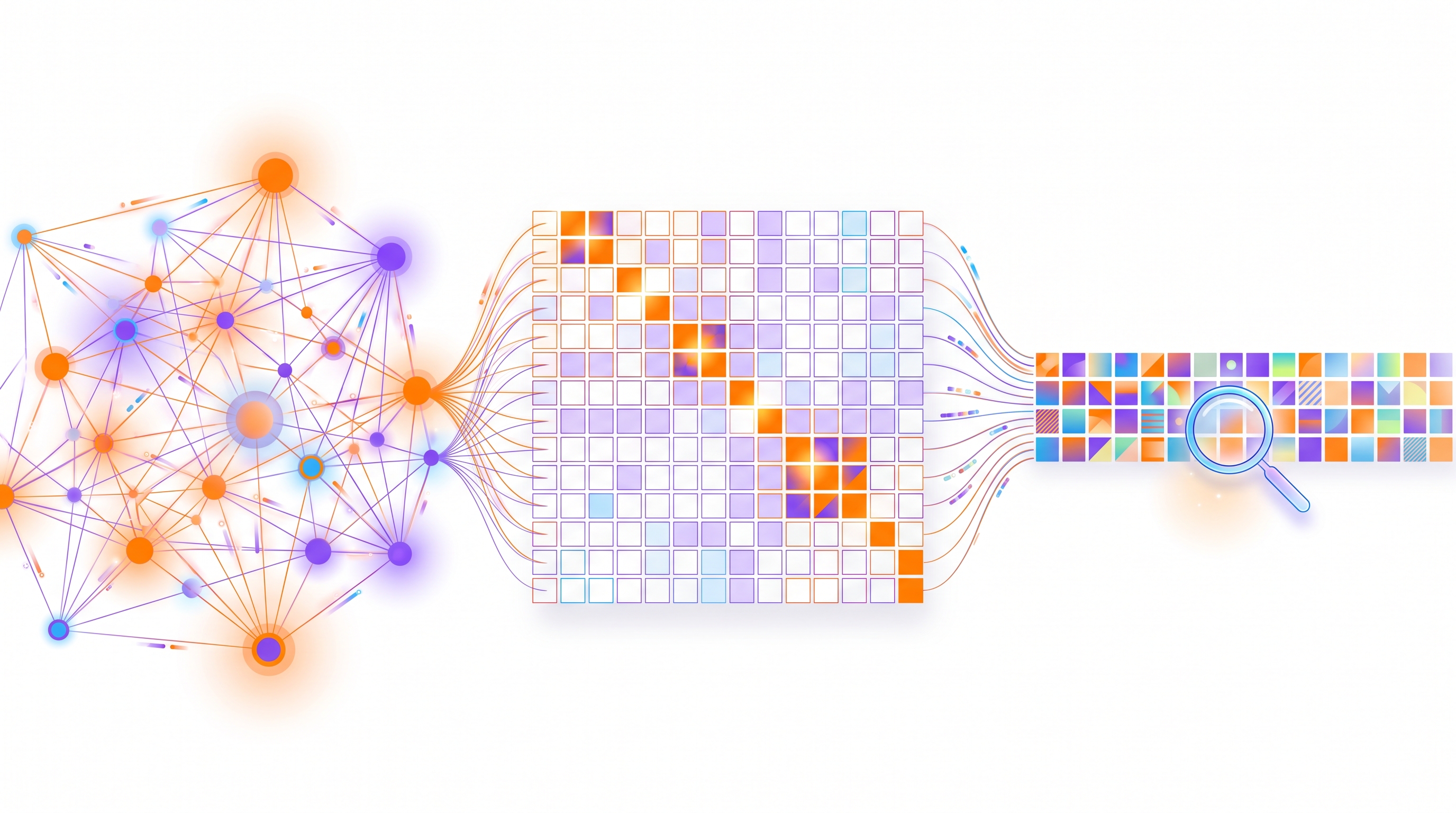 A glowing node graph on the left flows into a sparse matrix grid in the middle and then into a strip of embedding vectors with a magnifying glass on the right