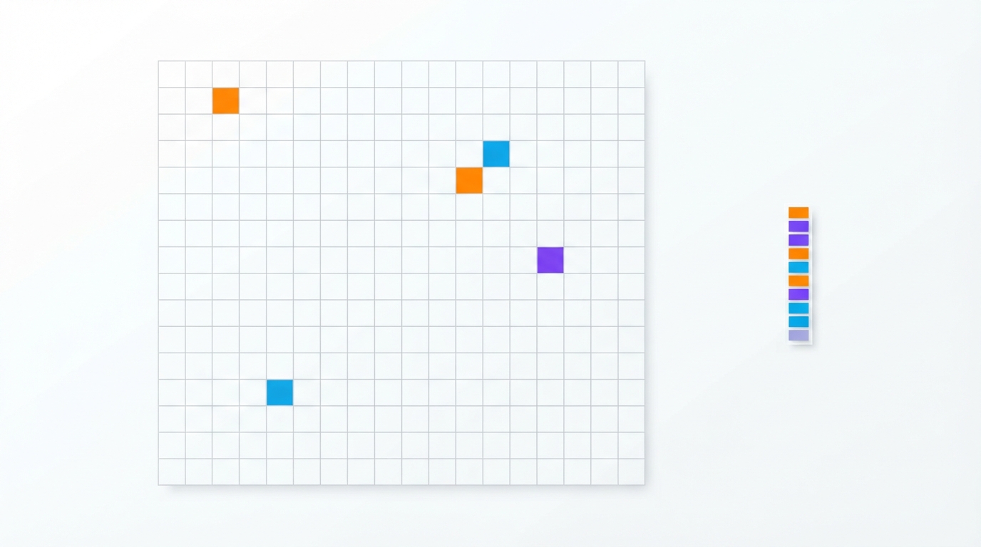 A large mostly-empty grid where only a sparse scattering of cells is filled, those filled cells collected into a small compact list