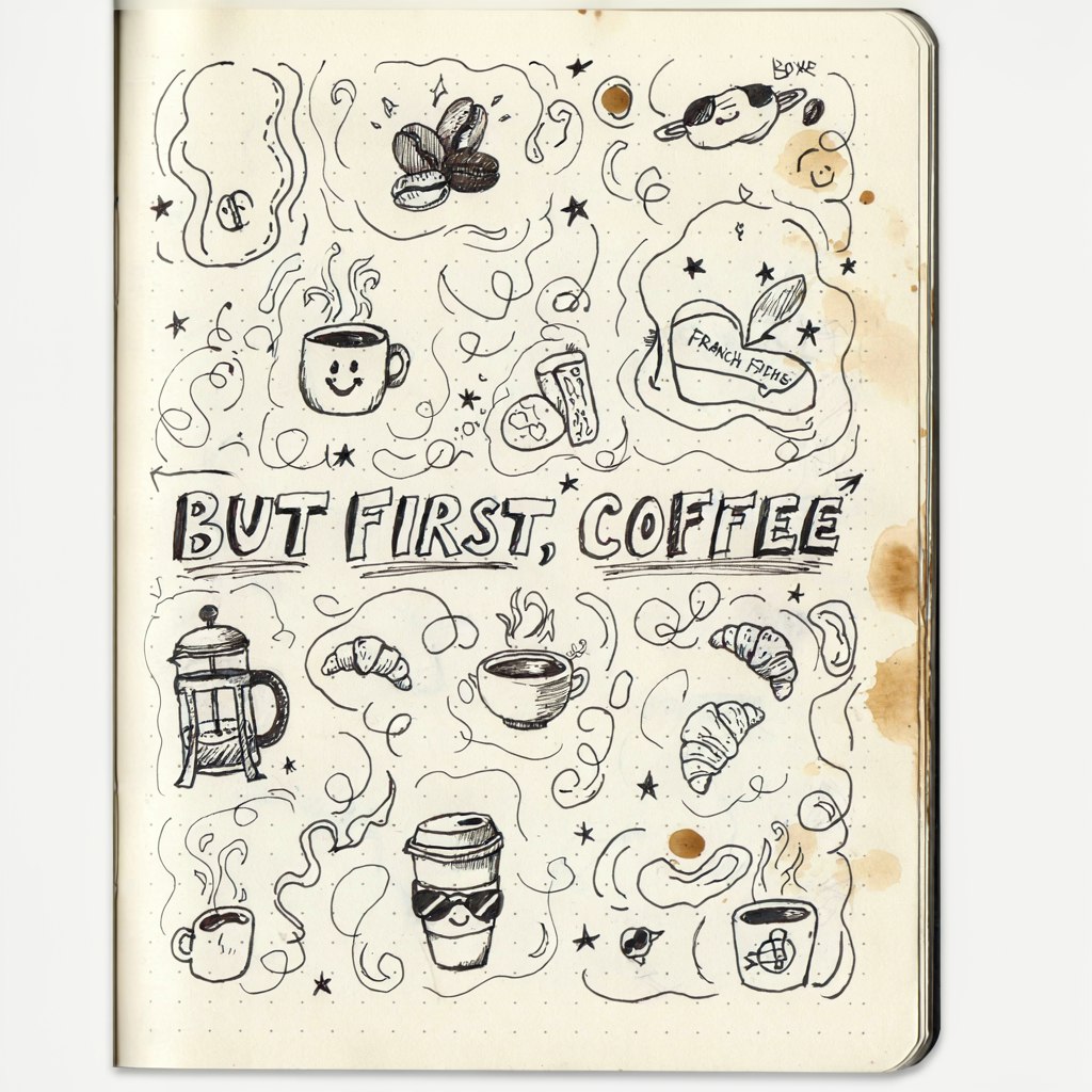 Hand-drawn notebook doodle page about coffee with the hand-lettered words BUT FIRST, COFFEE