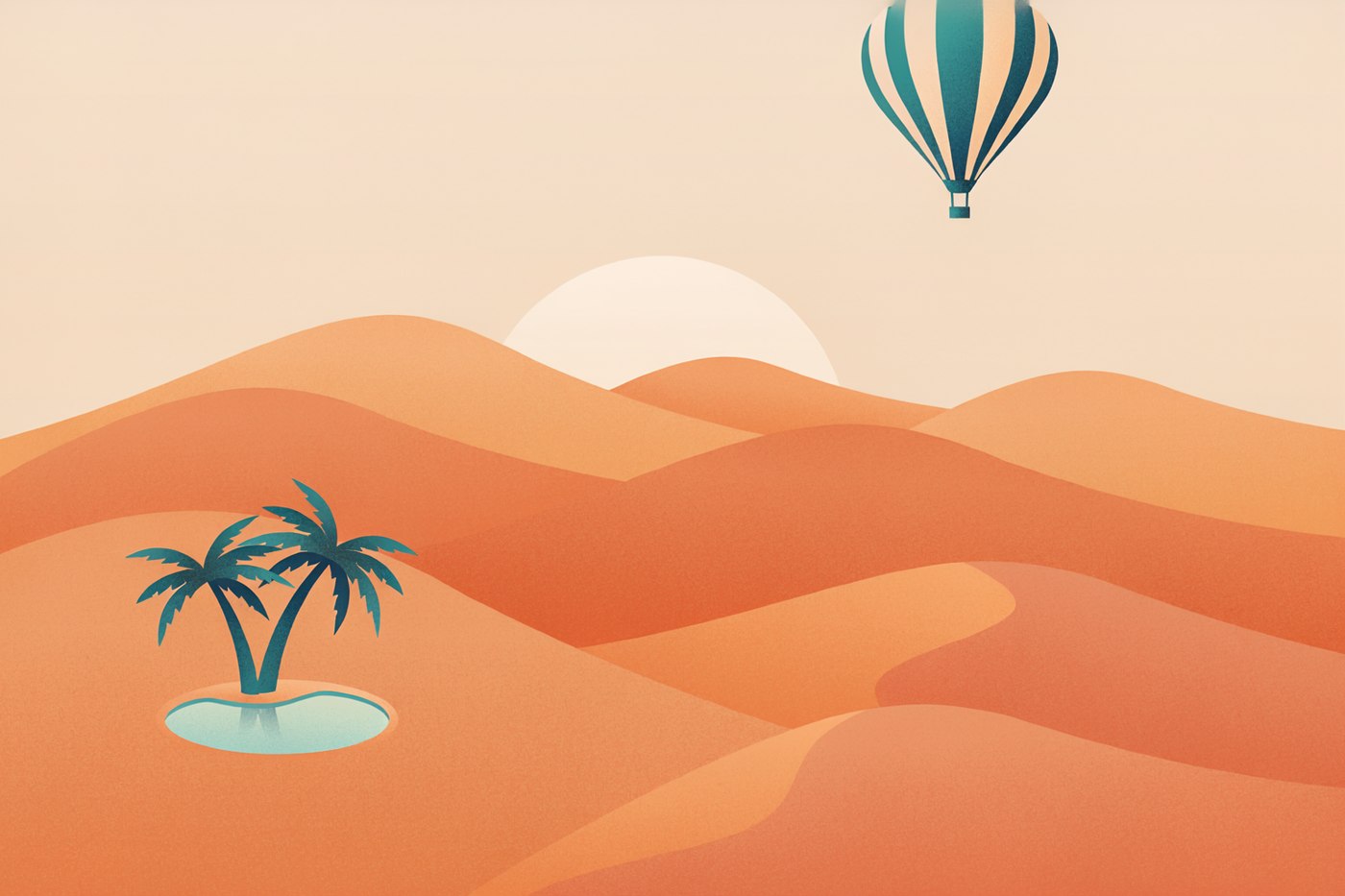 Minimal flat vector desert dunes at dawn with a striped hot air balloon and a small palm oasis