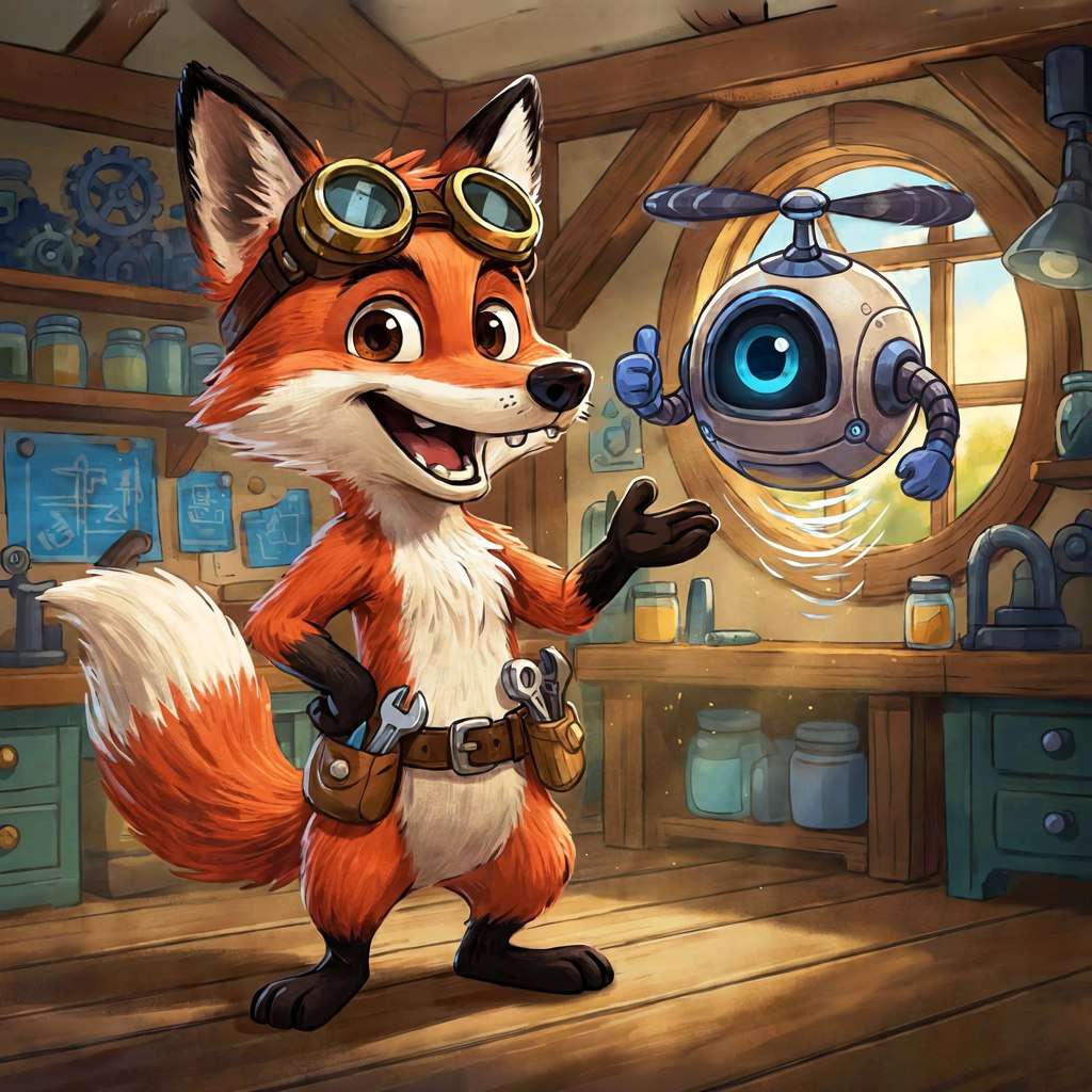 Cartoon red fox inventor with brass goggles and tool belt presenting a small hovering robot in an attic workshop