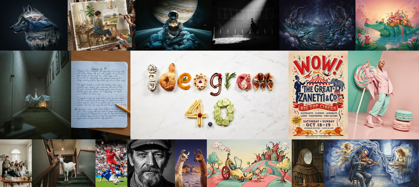 Collage of Ideogram 4 sample outputs spanning photorealism, illustration, typography and poster design