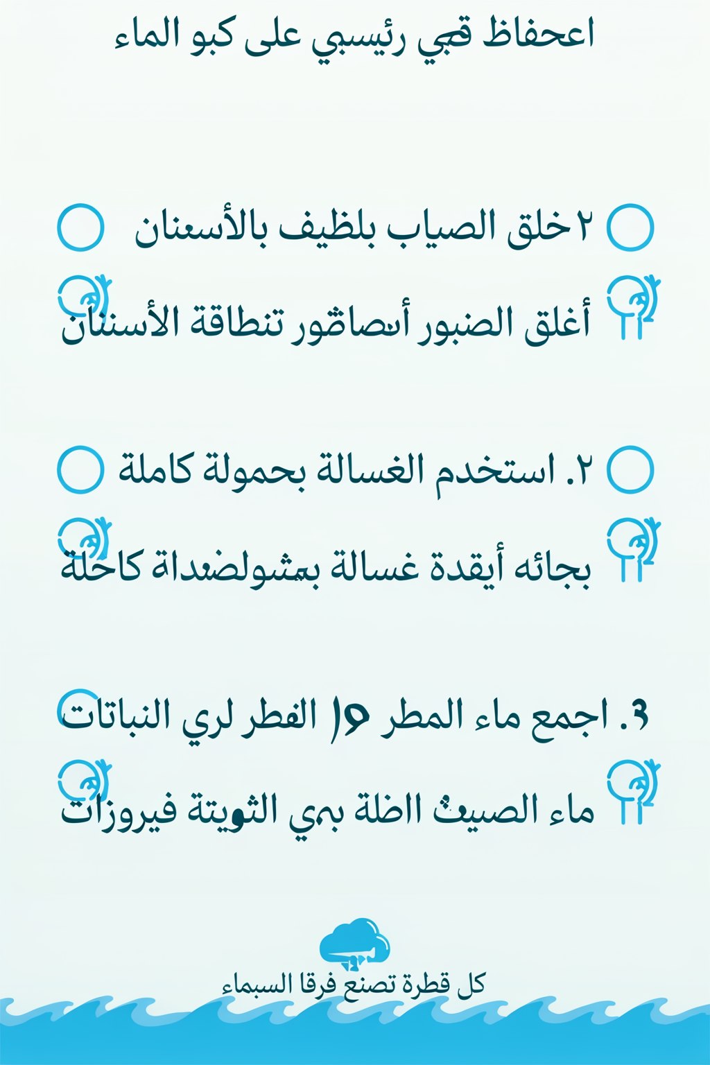 Generated Arabic water-conservation infographic, right-to-left layout with three tip cards — body text shows glyph artifacts
