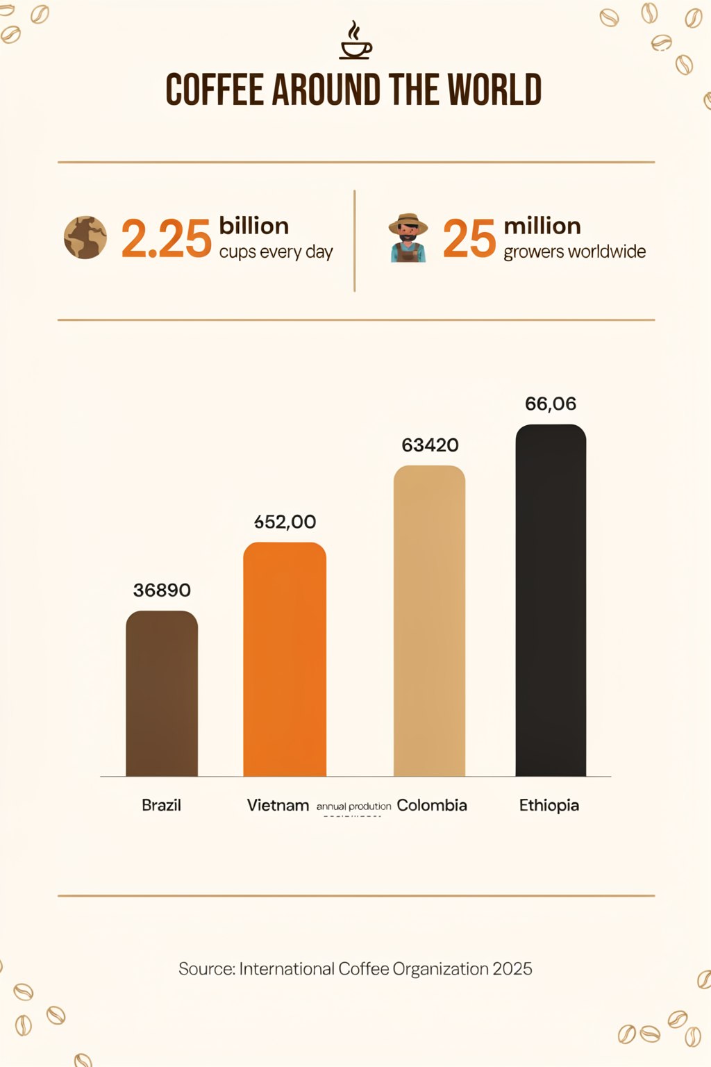 Generated coffee infographic with title, two statistic callouts, an ascending bar chart and a source line