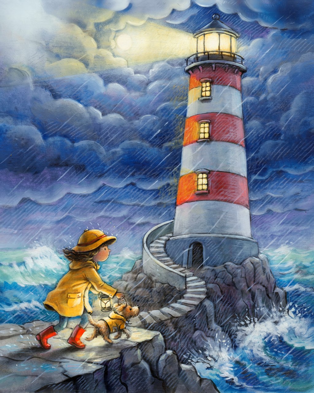 Storybook illustration: girl in a yellow raincoat with a lantern and her dog climbing toward a striped lighthouse in a storm