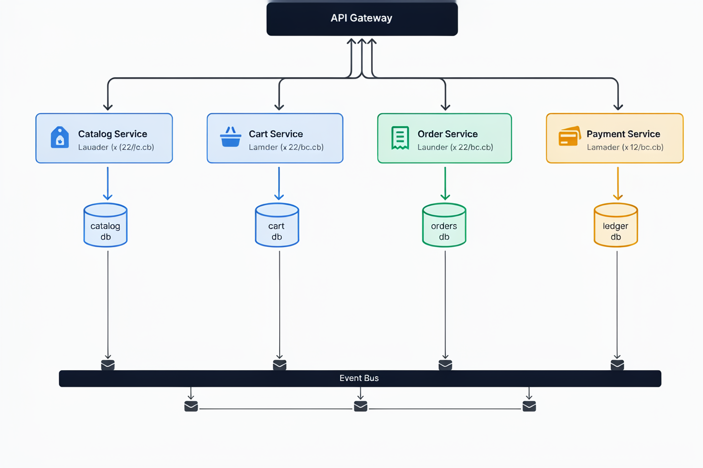 Generated microservices architecture: API gateway over four services with database cylinders and an event bus