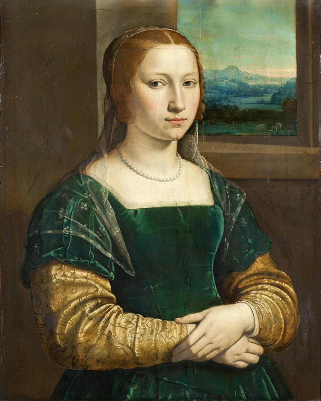 Renaissance oil portrait of a young woman in an emerald velvet gown with gold-embroidered sleeves, window landscape upper right