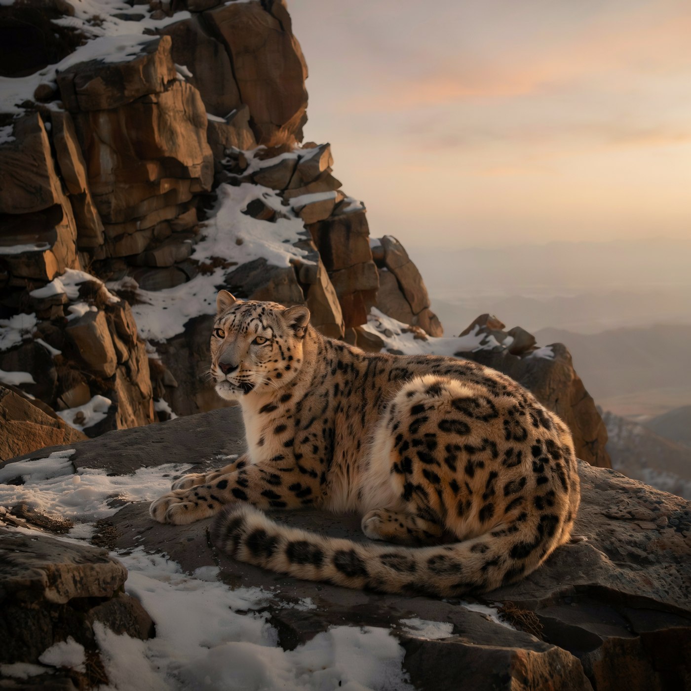 Photorealistic snow leopard resting on a rocky Himalayan cliff at golden hour, native 2048 by 2048