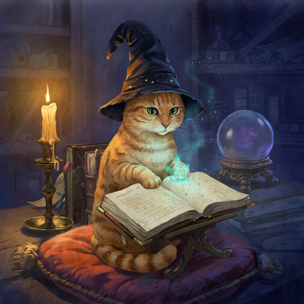 Generated image: ginger tabby cat in a wizard hat reading a glowing spellbook by candlelight, crystal ball beside it