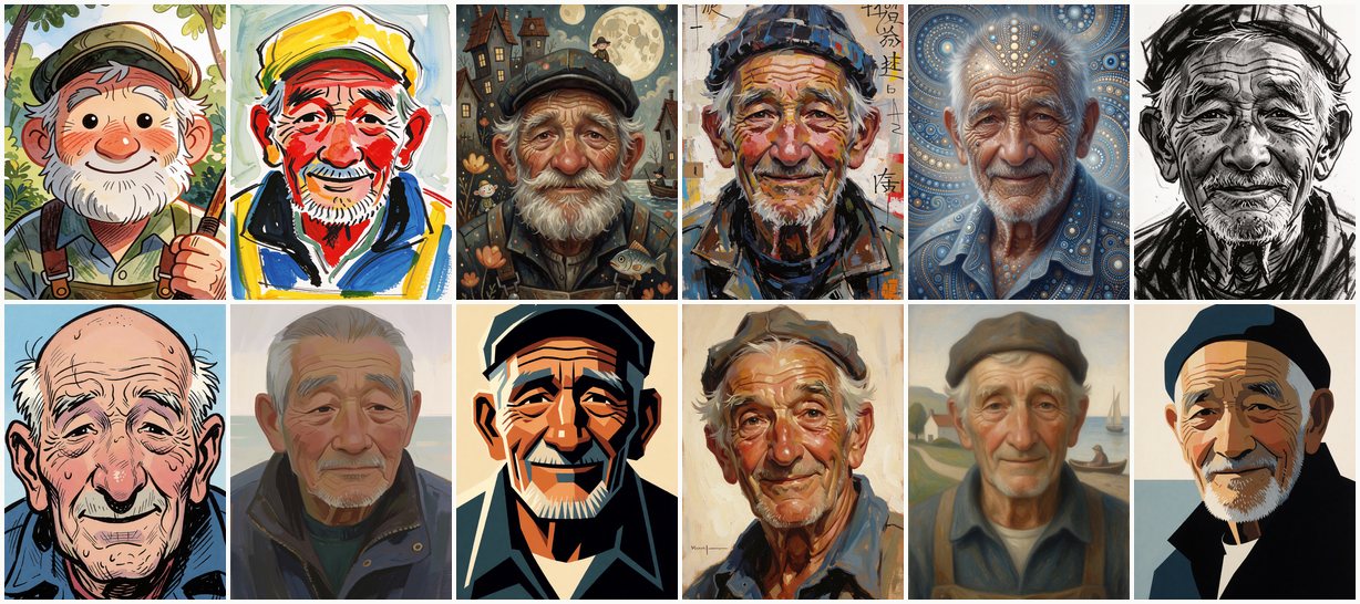 A montage of twelve illustration-style portraits generated in Krea 2, each from a written style description
