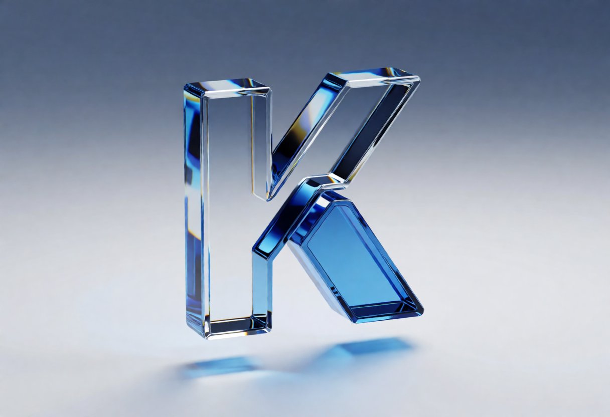 A 3D letter K made of liquid chrome and blue glass