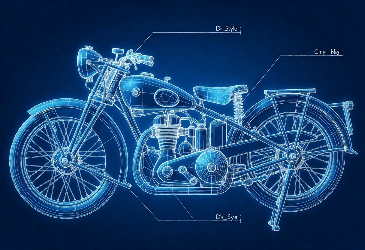 A glowing wireframe blueprint of a vintage motorcycle with callout labels
